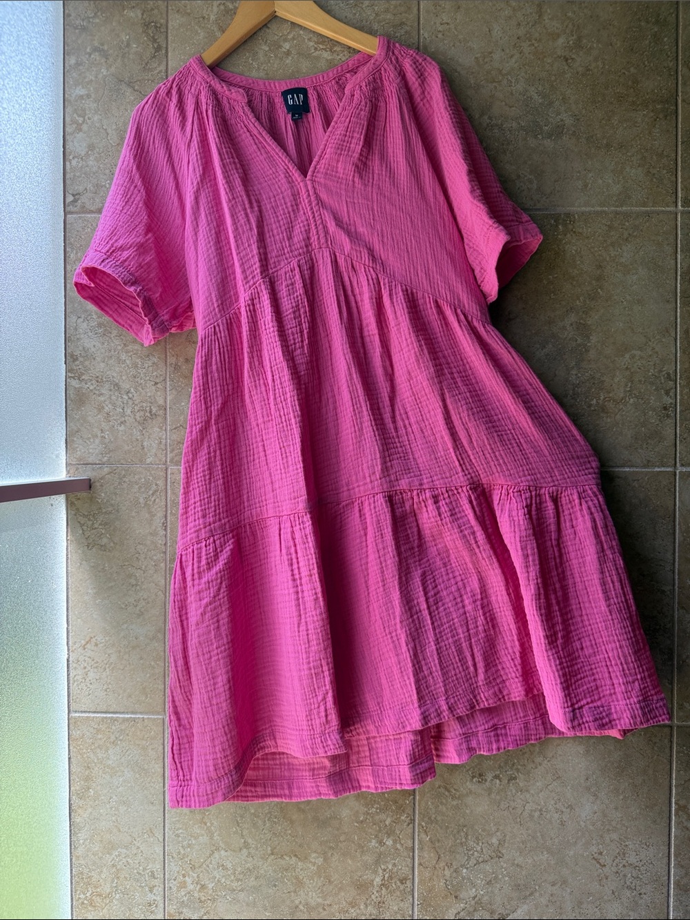 Gap Barbie Pink Cotton Gauze Mini Dress Pockets Split Neck Flounced Skirt Size M